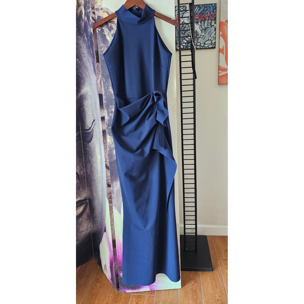 Chiara Boni La Petite Robe Blue Notte Gudrum Halter Ruffle Gown IT 44 US 8-10